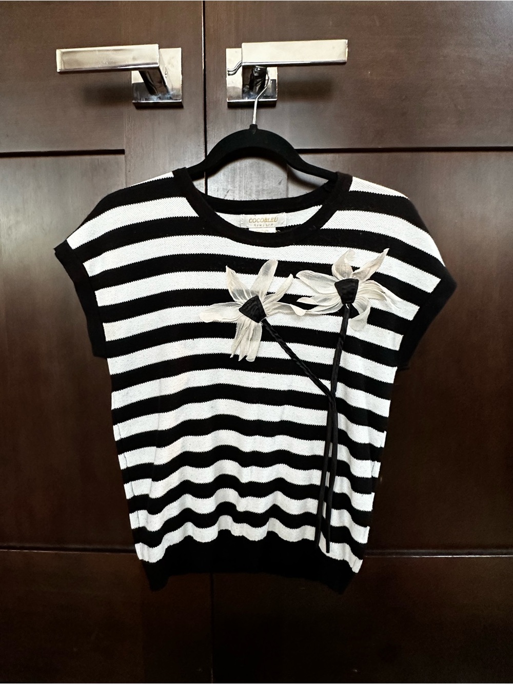 Cocoblu Black & White Striped Short-Sleeve Top with Cream Floral Appliqué